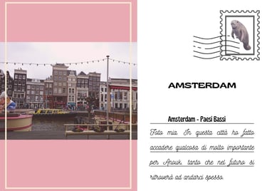 Cartolina di Amsterdam vista da un canale con le case strette e alte