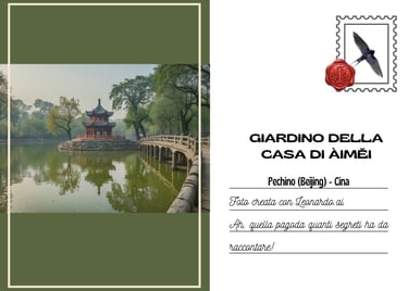 Cartolina creata con Ai di un laghetto con una pagoda al centro collegata con un ponte