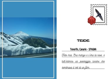 Cartolina del vulcano Teide a Tenerife, con la cima innevata