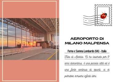 Cartolina di una vetrata esterna dell'aeroporto di Malpensa al tramonto