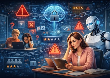 Ilustração digital dos riscos de viés da IA, apresentando crianças, uma mulher preocupada e um robô 