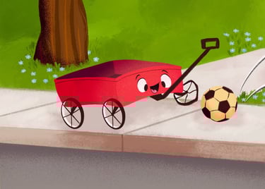 playful red wagon playing with a soccer ball