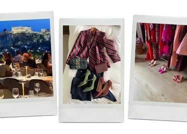 dhm.style spread with outdoor fine dining under Acropolis and luxury styling outfits.