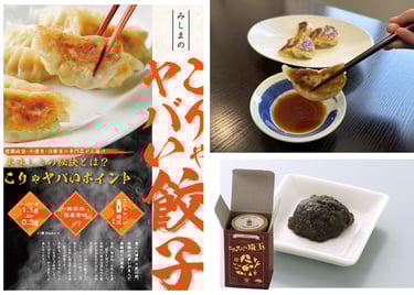 みしまのこりゃヤバい餃子の紹介ポスター。焼き餃子の写真と「低たんぱく・無添加・国産素材」の特徴が記載されている|堺市のニュースならサカイタイムズ
