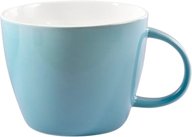 Light blue ceramic coffee mug with a white interior and large handle for tea or hot cocoa.