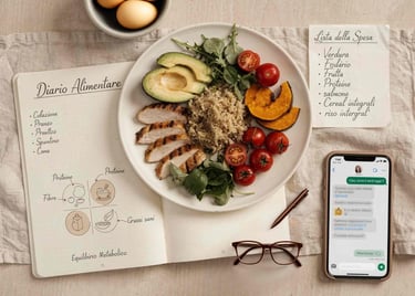 Flat lay con piatto di cibo e smartphone su un tavolo