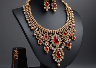 A bright, minimalistic display of various jewelry pieces on a clean surface.