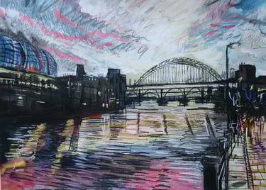 A mixed media painting of Tyne Bridge in Newcastle at dusk.