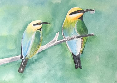 Watercolour painting of 2 birds on a branch