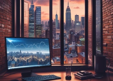 A laptop on a table displaying a cryptocurrency trading platform. The screen lists various cryptocurrencies along with their buy and sell values, spread percentages, and 24-hour change percentages. The keyboard and touchpad of the laptop are visible, set against a neutral background with a sofa in the back.