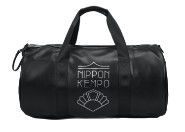 a black duffel bag with a white and black logo on it