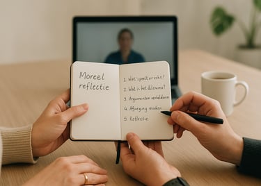 Professionele begeleiding schoolleiders PO met notitieboekje morele reflectie en laptop