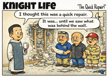 Cartoon of church men repairing parts of the church