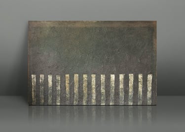 Abstract textured painting featuring a dark green background with vertical beige stripes.