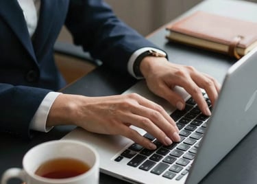 A close-up photograph of a professional British administrative assistant's hands typing efficiently on a sleek metallic laptop. A white ceramic mug of tea and a leather-bound notebook sit on the organized dark navy desk. Soft natural lighting creates a calm, focused atmosphere in a modern London office.