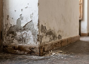 Esquina de pared con humedad por capilaridad por ausencia de barrera antihumedad