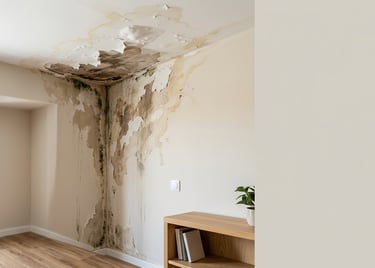 Humedad por filtración avanzada con moho y deterioro grave en pared interior
