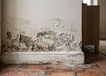 Muro con manchas de humedad por capilaridad en zona con alta humedad en el subsuelo