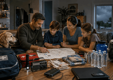 A family reviews an emergency evacuation plan with survival supplies and a first aid kit.
