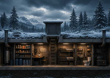 A cross-section of a survival bunker underground with food supplies, bunk beds, and a bathroom in a winter landscape.