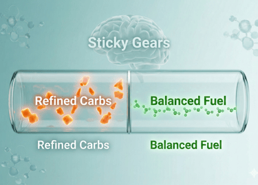 3D infographic comparing blood sugar spikes from refined carbs vs stable energy from balanced meals.