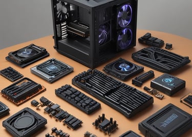 Display of various high-tech computer components arranged neatly on a black surface.