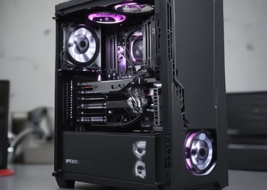 Display of various high-tech computer components arranged neatly on a black surface.