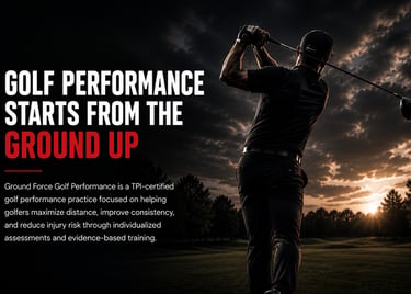 A golfer executing a powerful swing at sunset, showcasing professional golf performance training and TPI techniques.