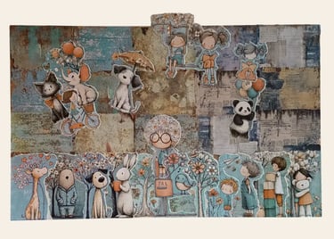 Regali nascita personalizzati, grande quadro collage materico con panda, giraffa, elefante e bimbi illustrati. - Guance Rosse