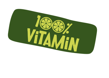 Zöld grafikus címke, amelyen a „100% Vitamin” felirat és citrusfélék szeletei láthatók, az egészsége