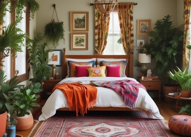 A cozy room filled with warm textures and eclectic decor representing bohemian chic style.