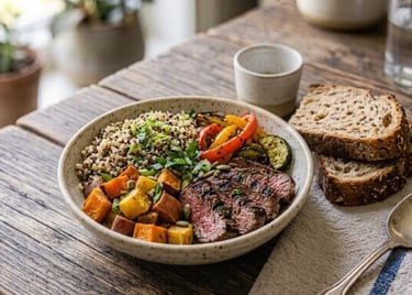 Lean grilled beef served with roasted vegetables and sweet potatoes.