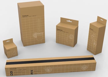 Collection of PowerLock suction bathroom accessories in brown cardboard packaging boxes.