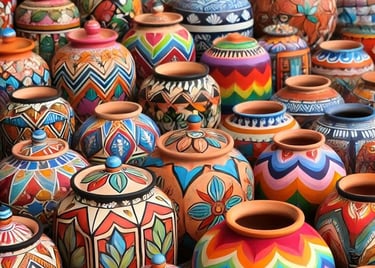 Collection of hand-painted ColombiaTalavera pottery jars with vibrant geometric and floral patterns.