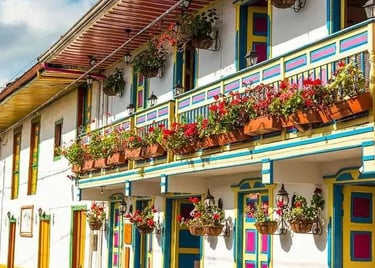 Colorful colonial architecture with flower balconies in Salento, Colombia.