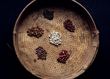 Variety of heirloom dried beans and pulses arranged in a vintage wooden sifter tray over a dark background.