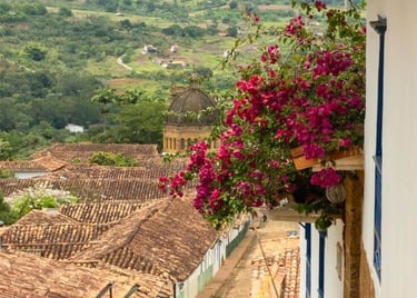 Scenic view of a cobblestone street in Barichara, Colombia, with red tiled roofs and blooming bougainvillea flowers.