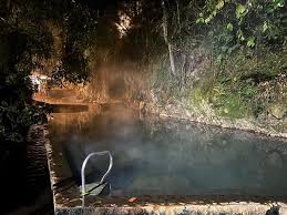 Steaming outdoor geothermal hot springs pool surrounded by lush tropical forest at night.