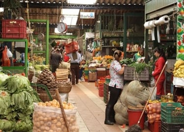 Bustling indoor farmers market featuring fresh local produce, leafy greens, and vendors selling vegetables.