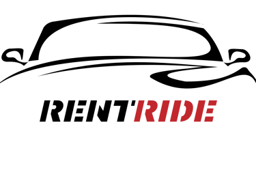 RentRide logo featuring a sleek car silhouette outline above the brand name in black and red text.