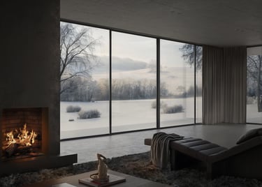 Interior de un hogar en la naturaleza muy minimalista y frio. Lounge chair negro y hogar a leña.