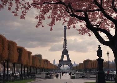 Rounded image of the Eiffel Tower at sunset with a soft glowing sky.