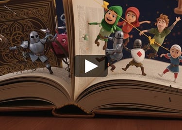 Book transforming into 3D animated video content.