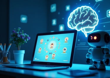 a robot with a brain map of the brain and a laptop