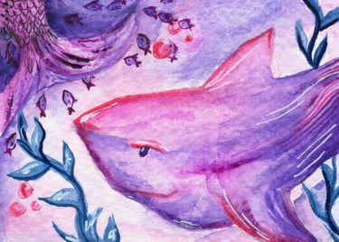 a shark and mermaid in a purple and blue watercolor painting
