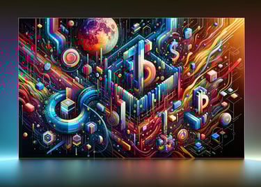 Ilustração digital NFT de um universo virtual, destacando elementos de realidade aumentada e códigos