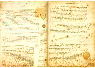 Pages from Leonardo da Vinci's Codex Leicester showcasing his mirrored handwriting and scientific dr