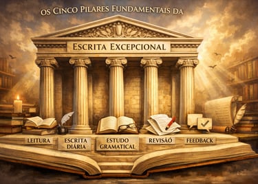 Ilustração dos cinco pilares fundamentais da escrita excepcional: leitura regular, escrita diária, e