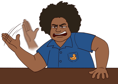 A drawing of David on a rant, eyes squinted, gesticulating with a knife hand