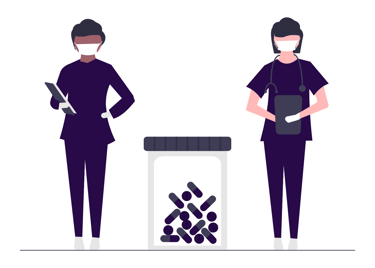 Two medical doctors, nurses, or assistants with masks on and chart in hand.